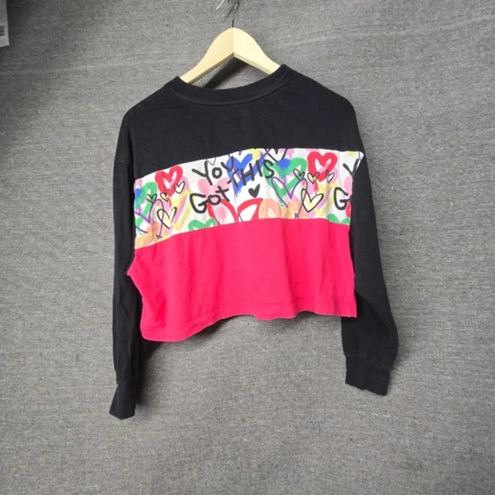 Justice Girls Cropped Long‎ Sleeve Shirt Black Pink Heart Graffiti Size M 10